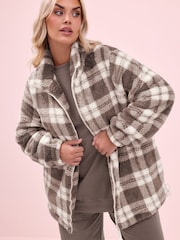 Yours Curve Brown Zip Through Checked Feather Fleece - Image 3 of 5