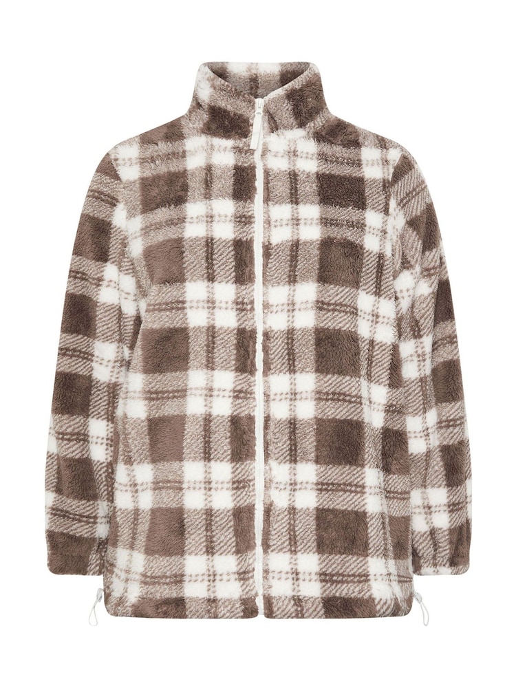 Yours Curve Brown Zip Through Checked Feather Fleece - Image 5 of 5