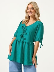 Yours Curve Green Bow Front Peplum Texture Blouse - Image 1 of 5