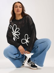 Yours Curve Black Cornelle Floral Open Neck Jumper - Image 1 of 5