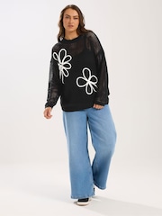 Yours Curve Black Cornelle Floral Open Neck Jumper - Image 2 of 5