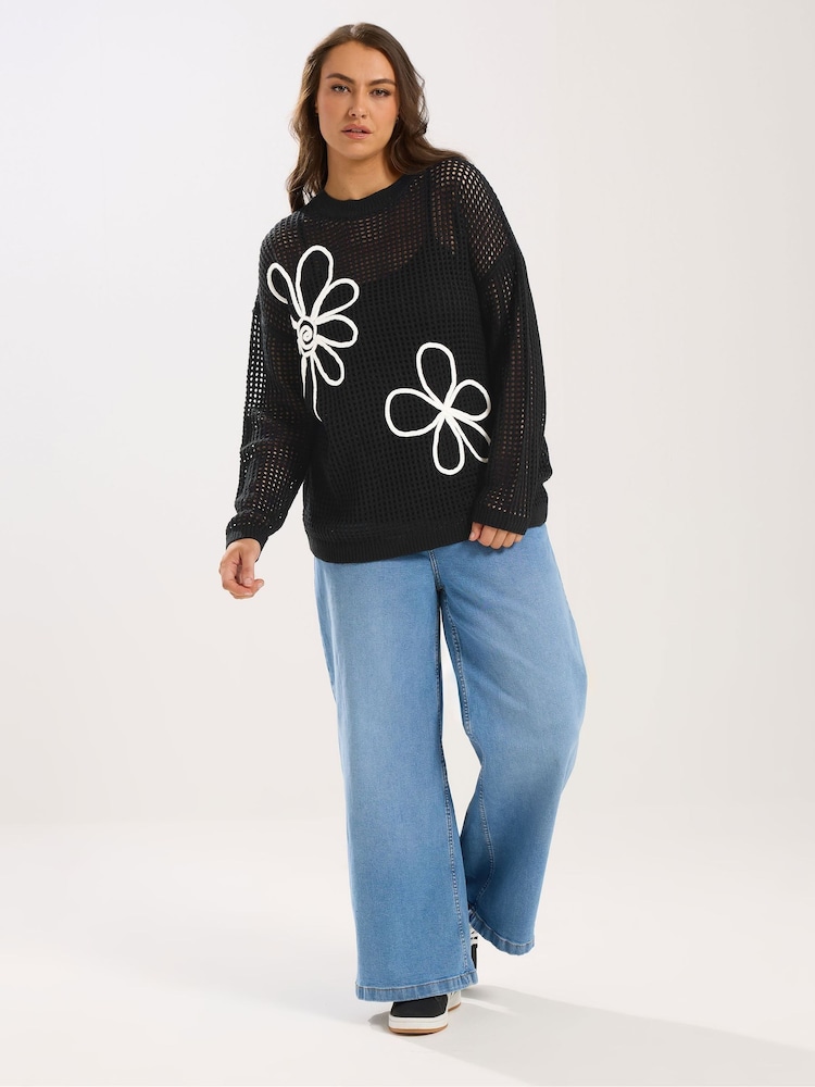 Yours Curve Black Cornelle Floral Open Neck Jumper - Image 2 of 5