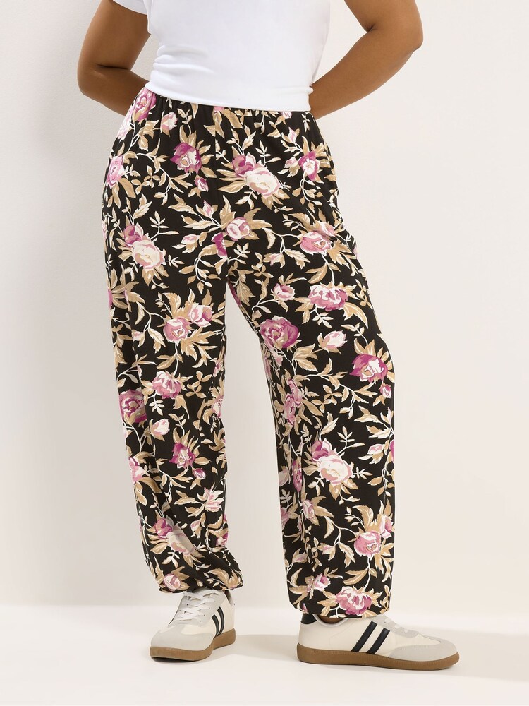 Yours Curve Black Floral Harem Pocket Trousers - Image 1 of 5