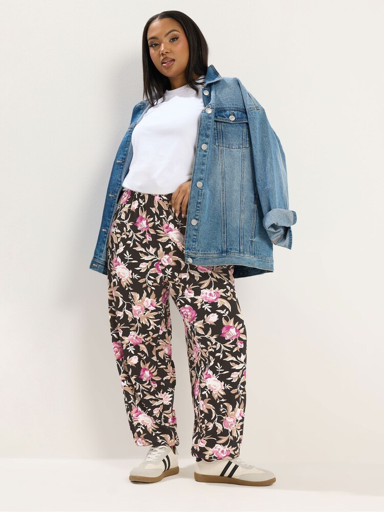 Yours Curve Black Floral Harem Pocket Trousers - Image 2 of 5