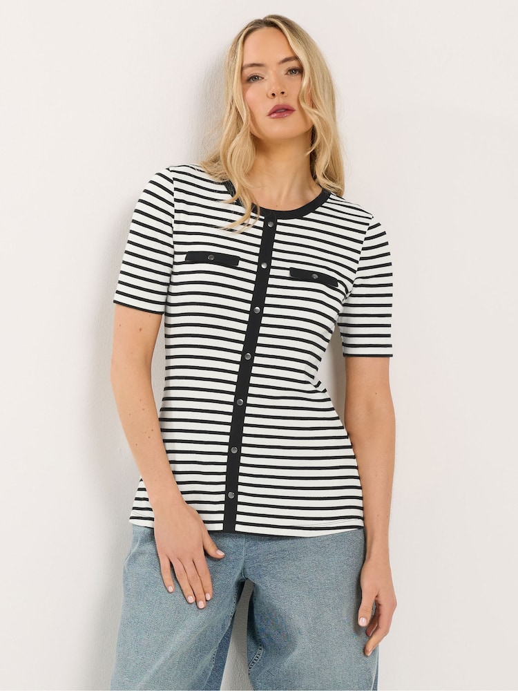 Long Tall Sally Black Button Placket Striped T-Shirt - Image 1 of 5 Long Tall Sally Black Button Placket Striped T-Shirt - Image 1 of 5