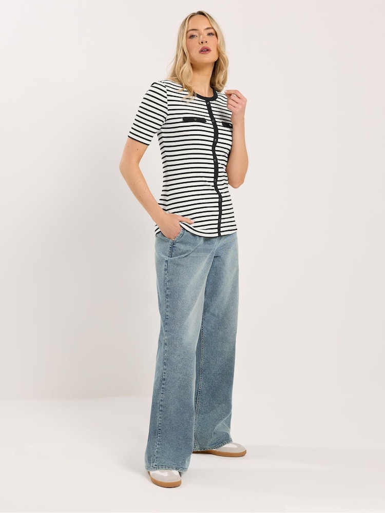 Long Tall Sally Black Button Placket Striped T-Shirt - Image 2 of 5 Long Tall Sally Black Button Placket Striped T-Shirt - Image 2 of 5