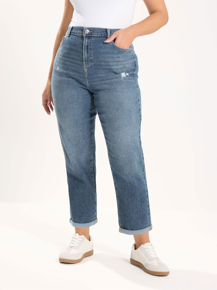 Yours Curve Blue Distressed Boyfriend Jeans - Image 1 of 5