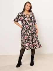 Yours Curve Black Floral Tie Neck Mini Dress - Image 1 of 5