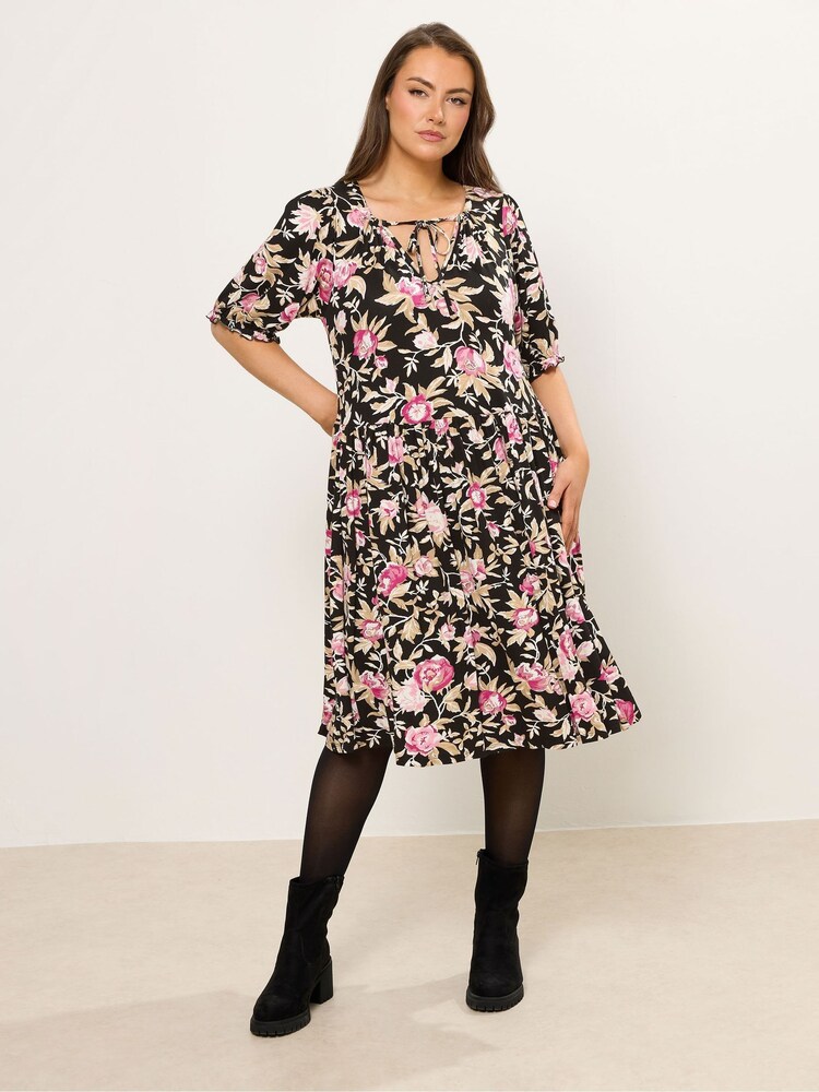 Yours Curve Black Floral Tie Neck Mini Dress - Image 1 of 5