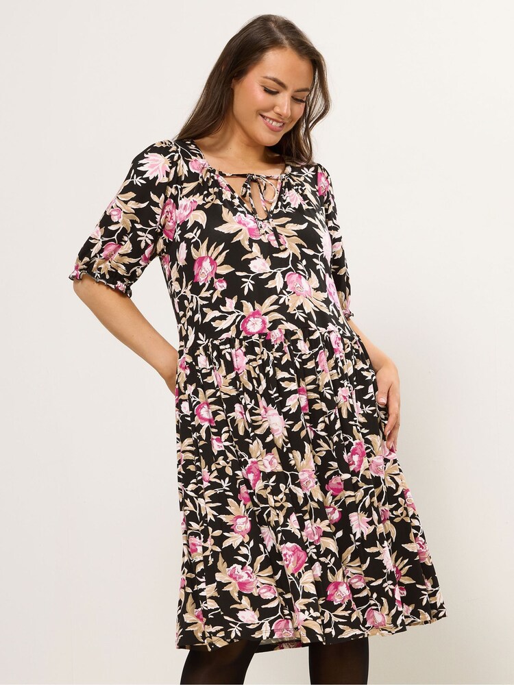 Yours Curve Black Floral Tie Neck Mini Dress - Image 2 of 5