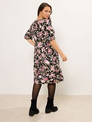 Yours Curve Black Floral Tie Neck Mini Dress - Image 3 of 5