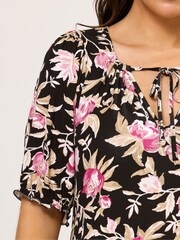 Yours Curve Black Floral Tie Neck Mini Dress - Image 4 of 5