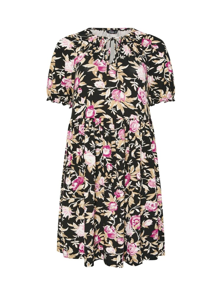 Yours Curve Black Floral Tie Neck Mini Dress - Image 5 of 5