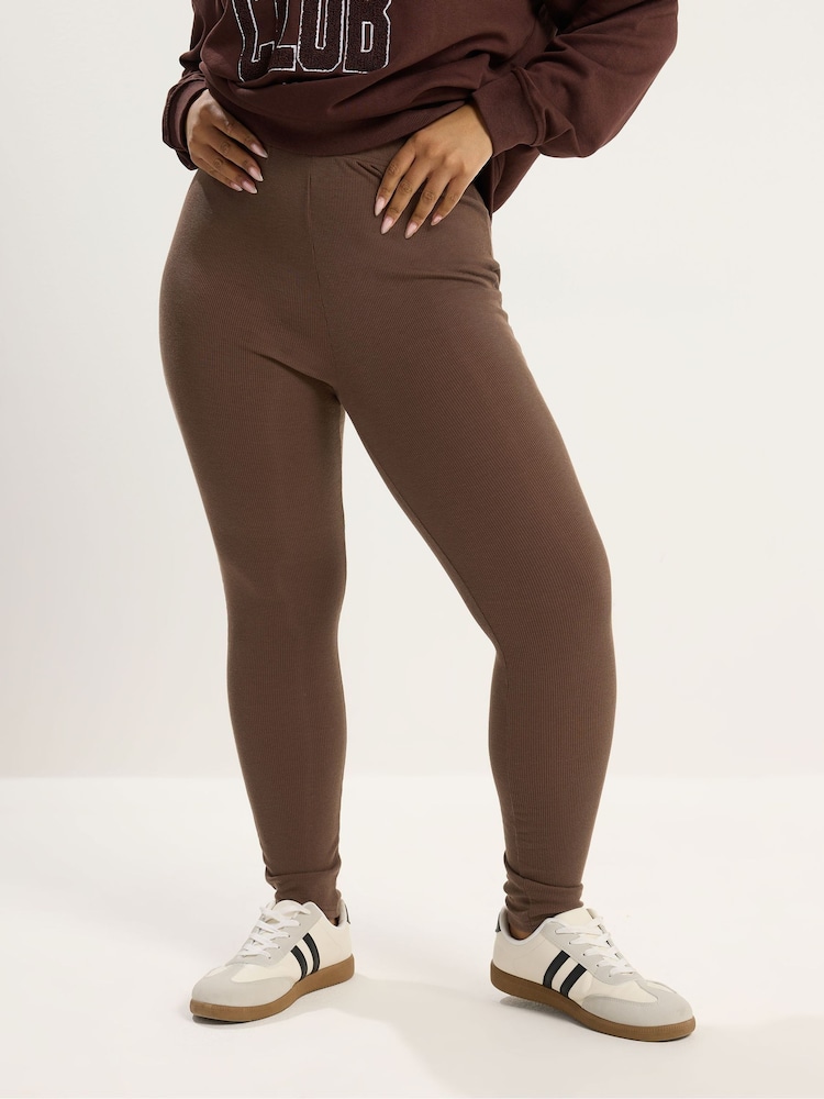 Yours Curve Brown Mini Ribbed Leggings - Image 1 of 5
