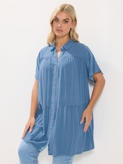 Yours Curve Blue Tiered Smock Chambray Shirt - Image 1 of 5