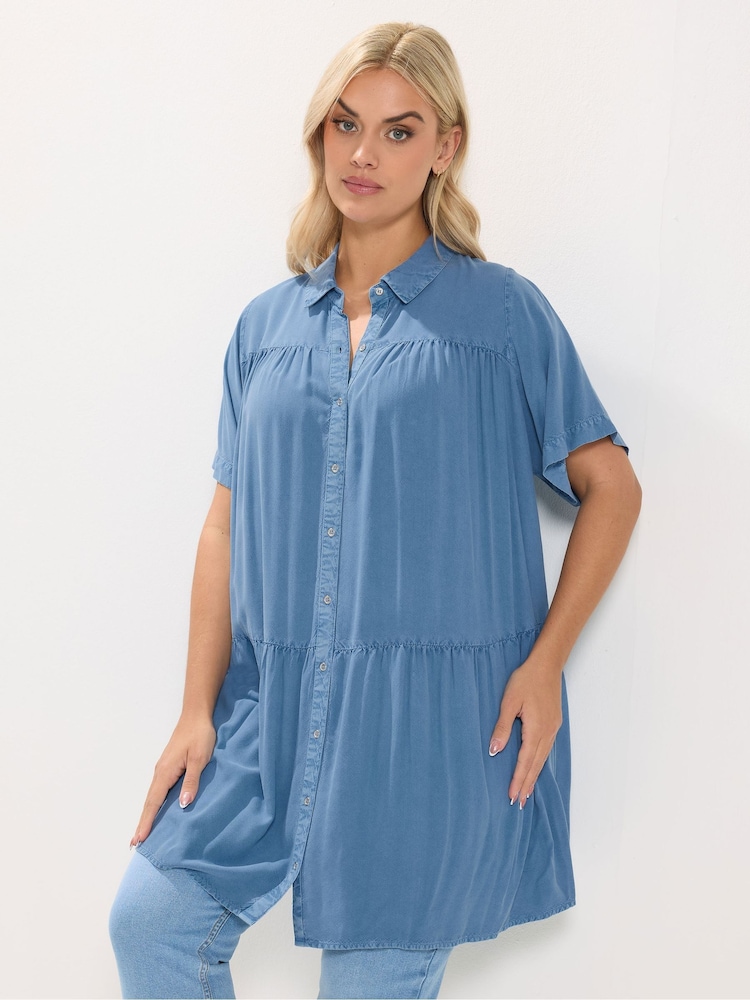 Yours Curve Blue Tiered Smock Chambray Shirt - Image 1 of 5