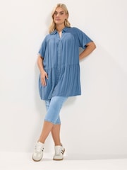 Yours Curve Blue Tiered Smock Chambray Shirt - Image 2 of 5