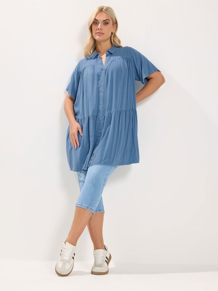 Yours Curve Blue Tiered Smock Chambray Shirt - Image 2 of 5