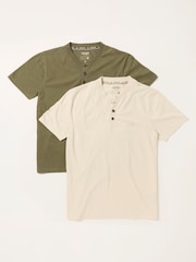 FatFace 2 Pack Khaki/Natural Short Sleeve Henley Top - Image 1 of 8
