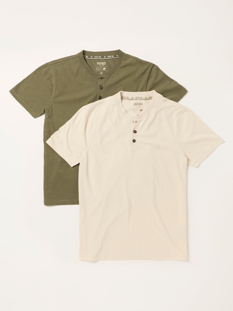 FatFace 2 Pack Khaki/Natural Short Sleeve Henley Top - Image 1 of 8 FatFace 2 Pack Khaki/Natural Short Sleeve Henley Top - Image 1 of 8