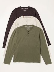 FatFace 3 Pack Khaki/Natural/Brown Long Sleeve Henley T-Shirt - Image 6 of 7