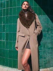 Friends Like These Mocha Brown Fur Collar  Longling Crombie Coat - Image 1 of 6