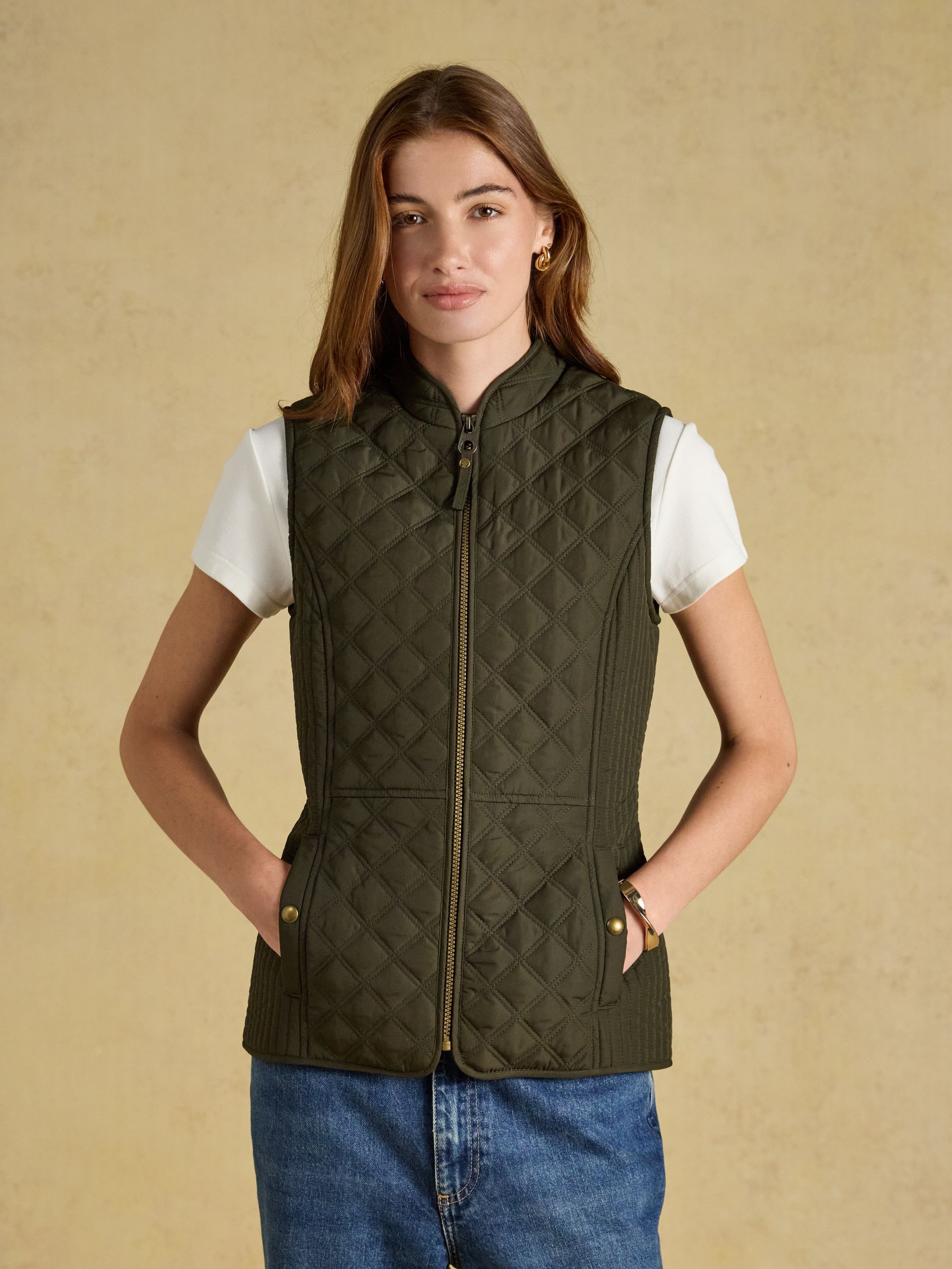 Buy Joules Minx Khaki Green Showerproof Diamond Quilted Gilet from
