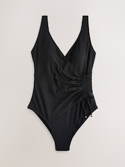 Black Textured Ruched Side Tummy Shaping Control Swimsuit - Image 3 of 6