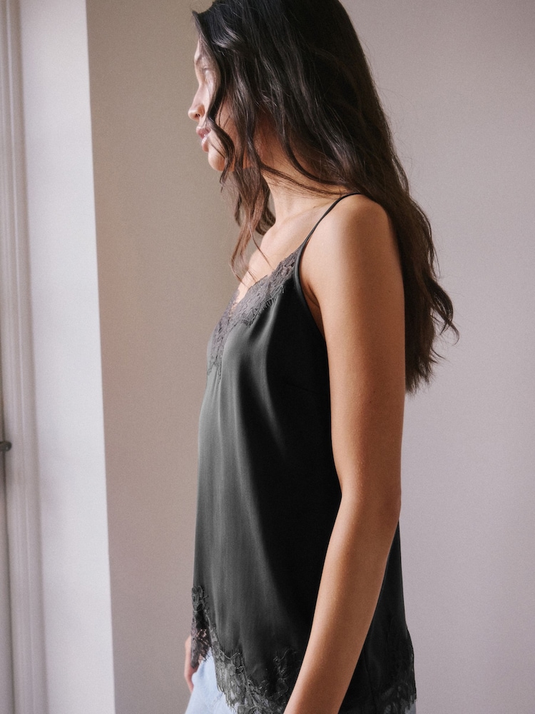 Black Lace Trim Satin Cami Top - Image 2 of 9 Black Lace Trim Satin Cami Top - Image 2 of 9