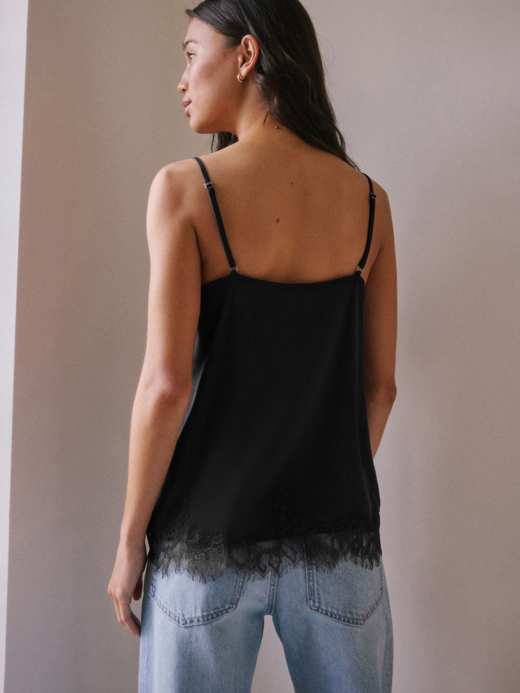 Buy Black Lace Trim Satin Cami Top from Next USA