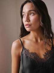 Black Lace Trim Satin Cami Top - Image 6 of 9