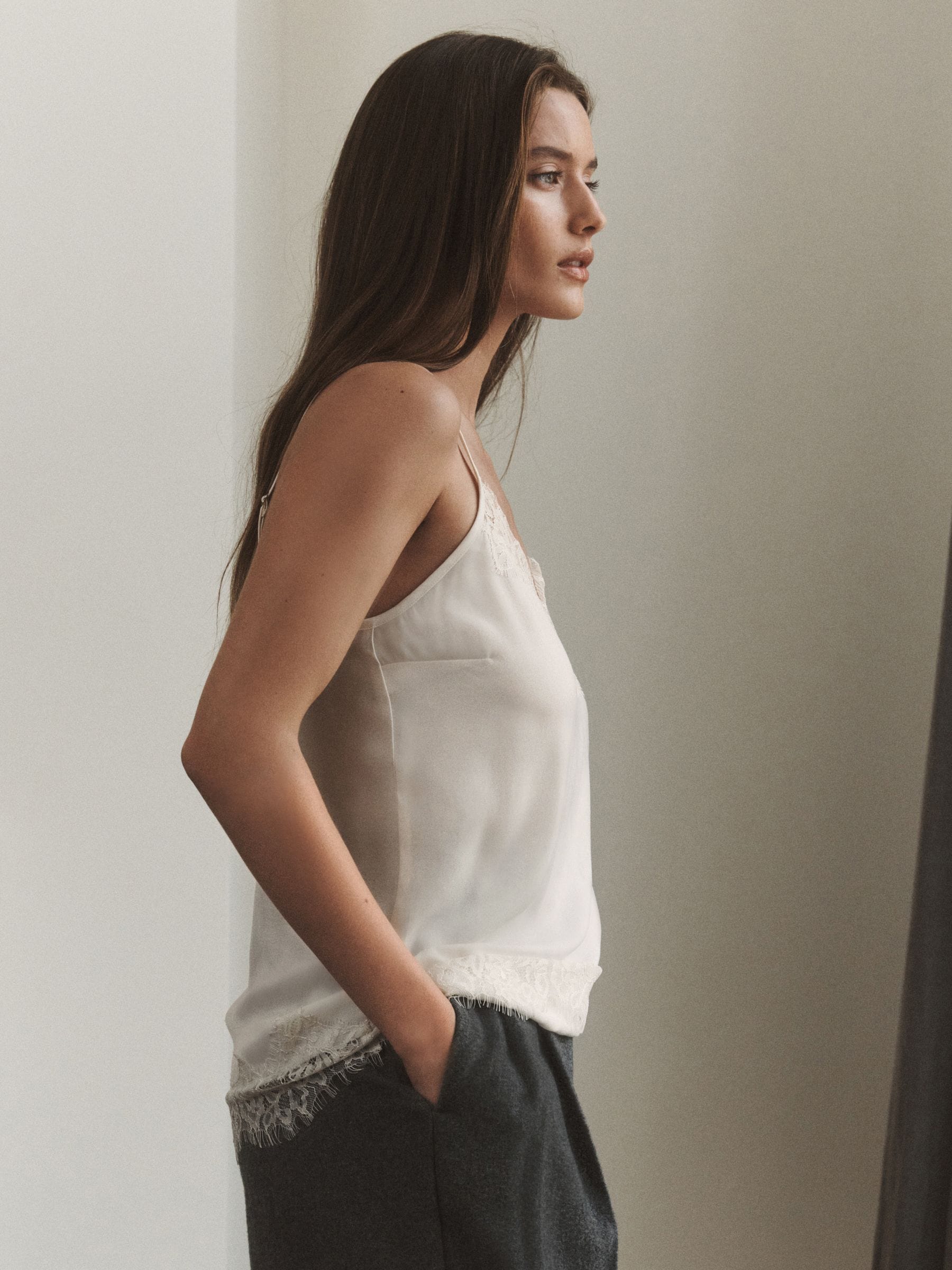 Buy Cream Lace Trim Satin Cami Top from Next USA