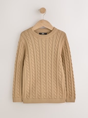 Marron fauve - Pull col rond en maille torsadée (3-16ans) - Image 1 de 3