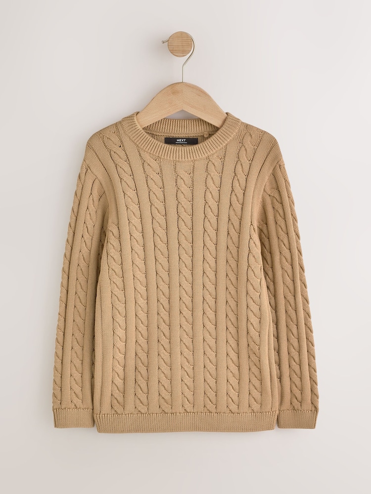 Marron fauve - Pull col rond en maille torsadée (3-16ans) - Image 1 de 3