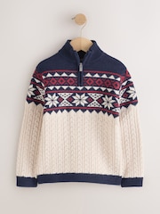 Ecru/Marineblau - Pullover mit Reißverschlusskragen und Norwegermuster (3–16Jahre) - Bild 1 von 4