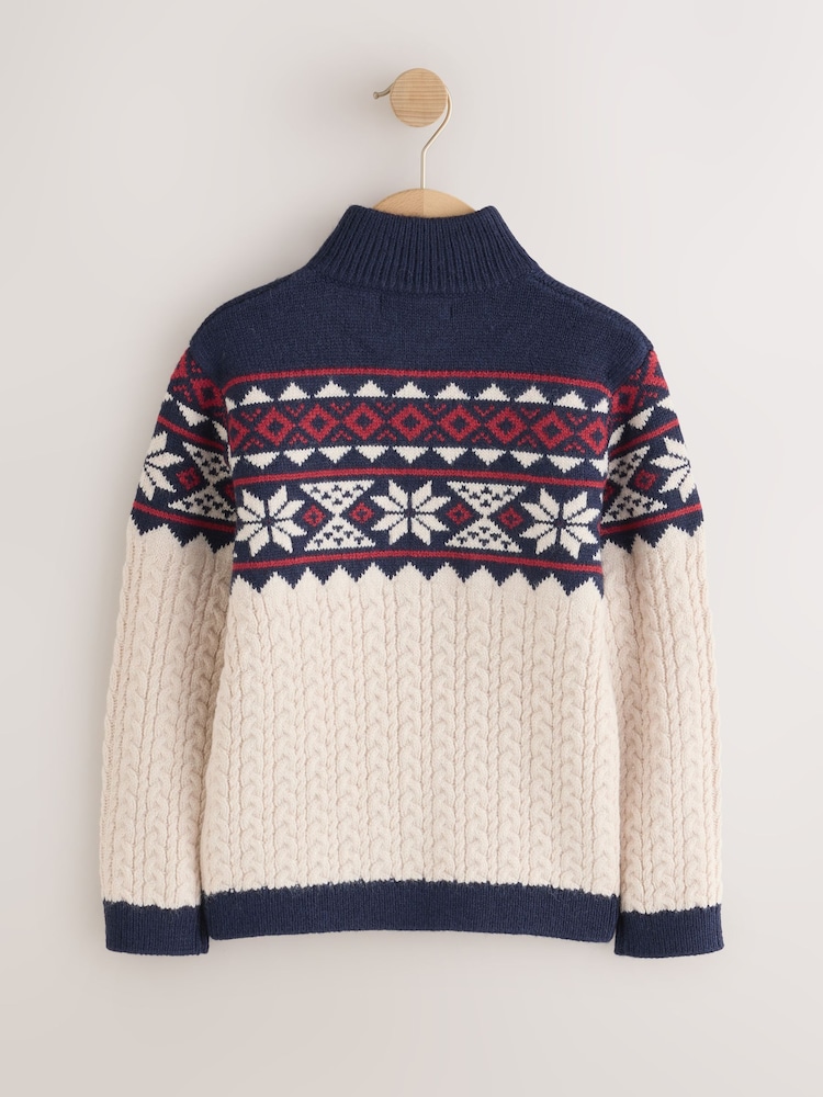 Ecru/Marineblau - Pullover mit Reißverschlusskragen und Norwegermuster (3–16Jahre) - Bild 2 von 4 Ecru/Marineblau - Pullover mit Reißverschlusskragen und Norwegermuster (3–16Jahre) - Bild 2 von 4