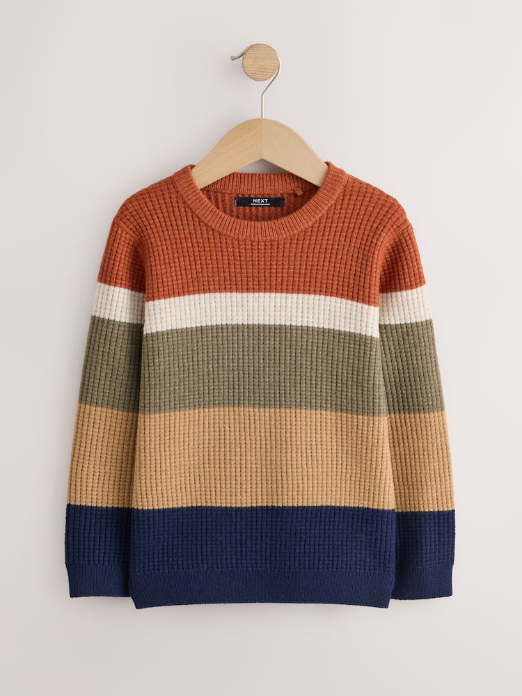 Rust Brown Stripe Knitted Crew Neck Jumper (3-16yrs) - Image 1 of 4 Rust Brown Stripe Knitted Crew Neck Jumper (3-16yrs) - Image 1 of 4