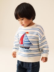 Cream/Blue Boat Character Knitted Crew Neck Jumper (3mths-7yrs) - Image 1 of 4