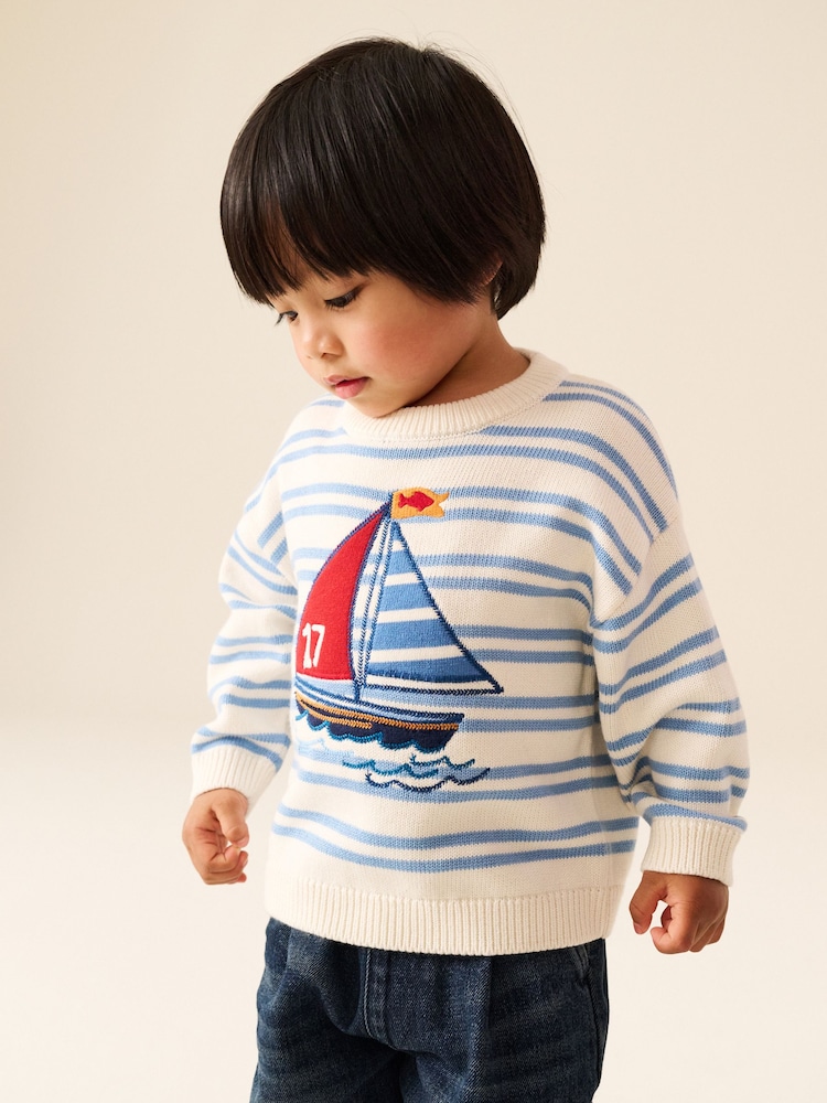 Cream/Blue Boat Character Knitted Crew Neck Jumper (3mths-7yrs) - Image 1 of 4