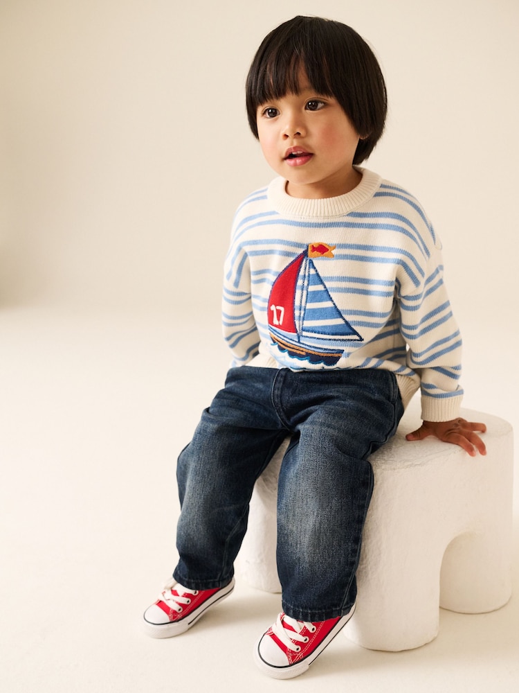 Cream/Blue Boat Character Knitted Crew Neck Jumper (3mths-7yrs) - Image 2 of 4