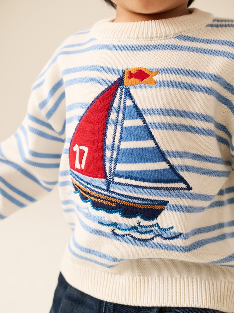 Cream/Blue Boat Character Knitted Crew Neck Jumper (3mths-7yrs) - Image 4 of 4