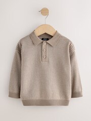 Neutral Textured Knitted Popper Neck Polo Shirt (3mths-7yrs) - Image 5 of 8