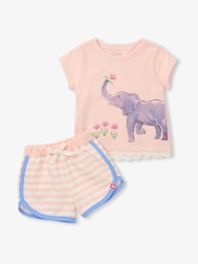 وردي فاتح مزيّن بفتحات ورسمة فيل - طقم من تيشرت وشورت من Hatley - Image 1 of 2