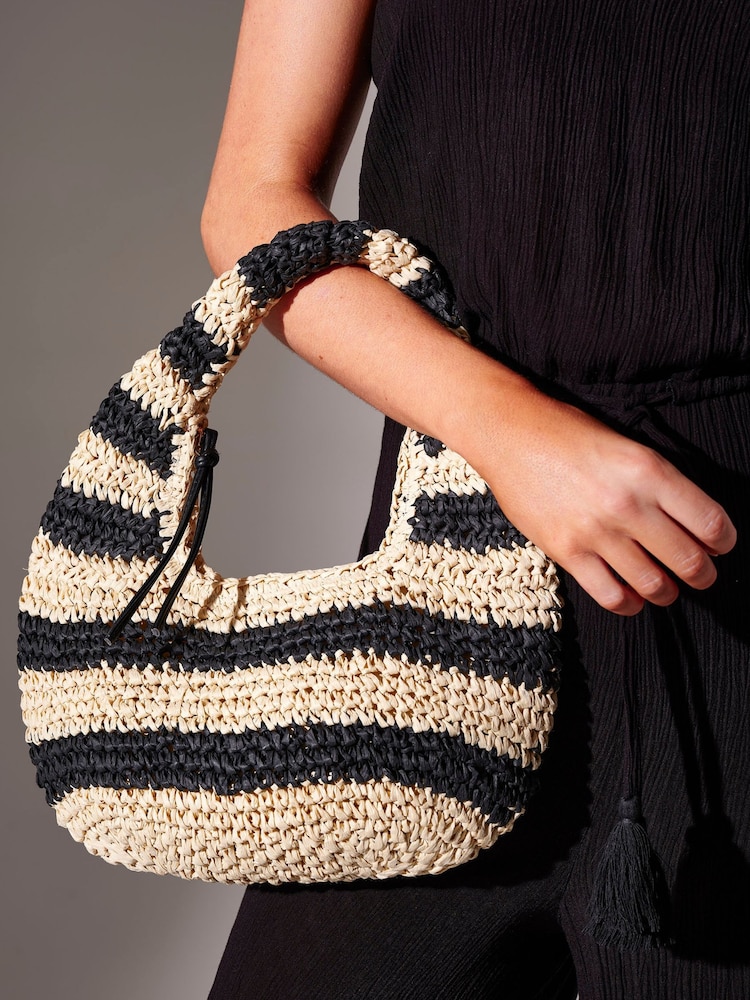 South Beach Black Straw Stripe Lined Grab Bag - Image 1 of 4