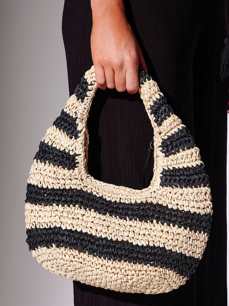 South Beach Black Straw Stripe Lined Grab Bag - Image 2 of 4
