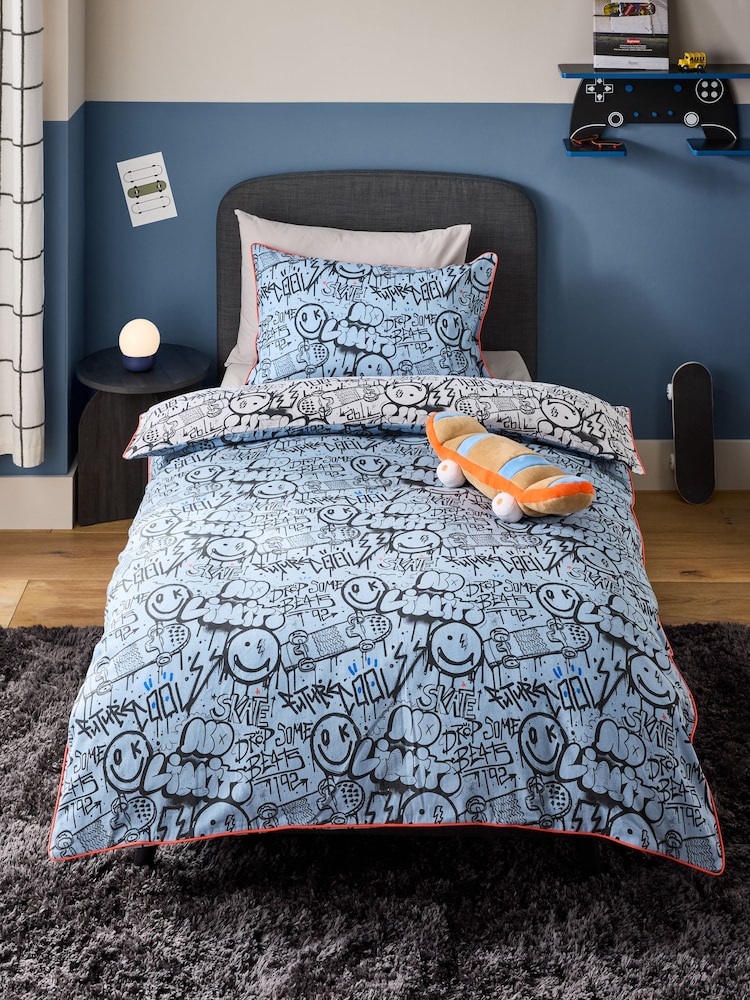 Blue Graffiti Supersoft Brushed Cotton Duvet Cover and Pillowcase Set - Image 1 of 8 Blue Graffiti Supersoft Brushed Cotton Duvet Cover and Pillowcase Set - Image 1 of 8