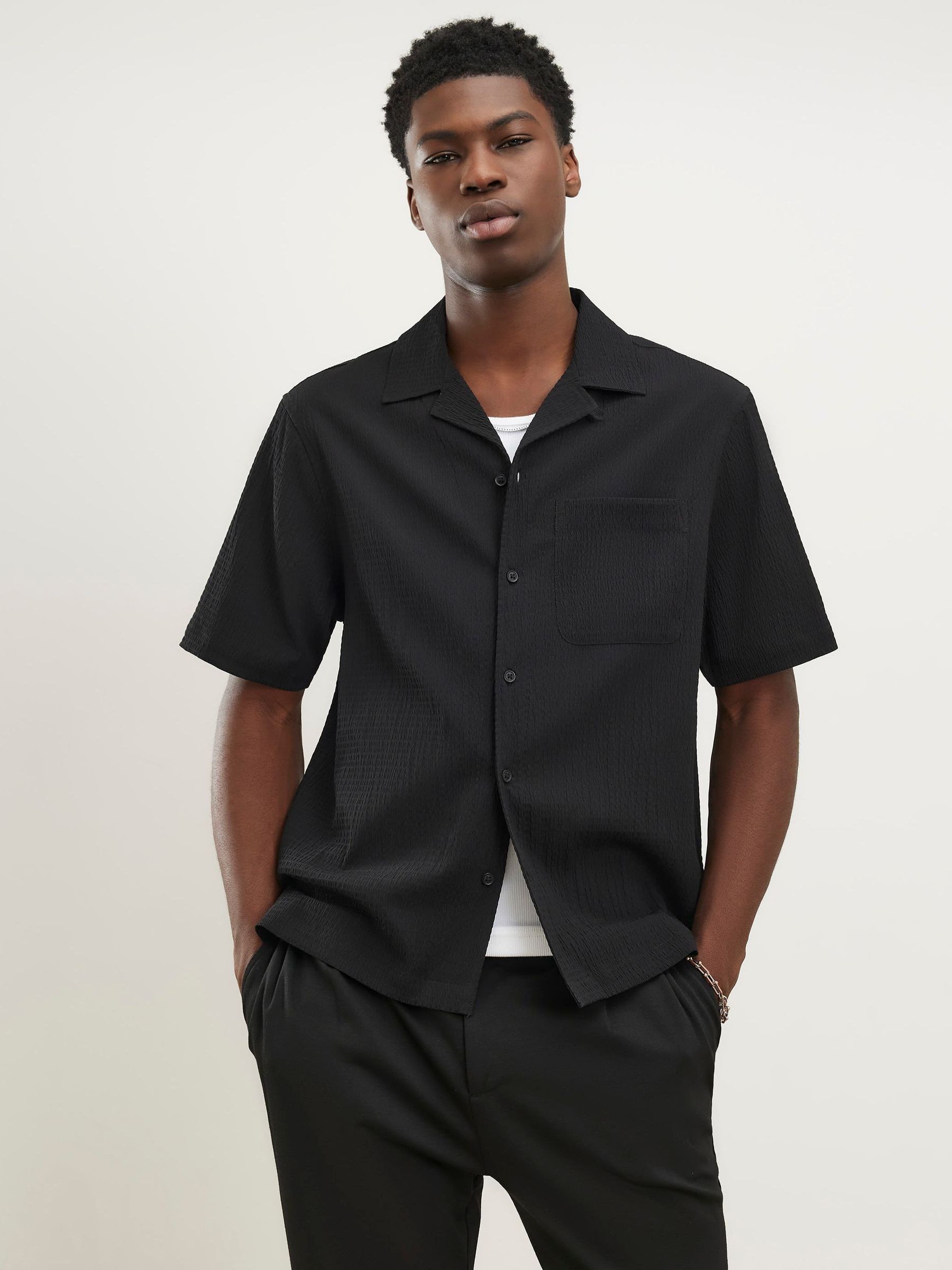 Buy River Island Black Regular Fit Seersucker Textured Shirt from