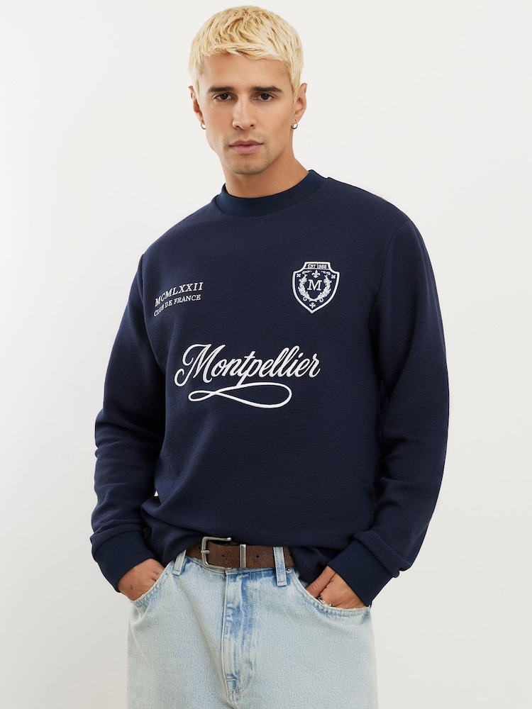 River Island Blue Regular Fit Long Sleeve Ottoman Tipped T-Shirt - Image 1 of 4