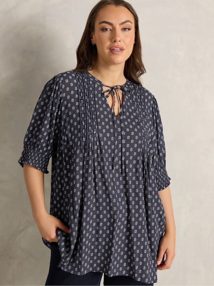 Evans Blue Short Sleeve Pintuck Boho Blouse - Image 1 of 5 Evans Blue Short Sleeve Pintuck Boho Blouse - Image 1 of 5
