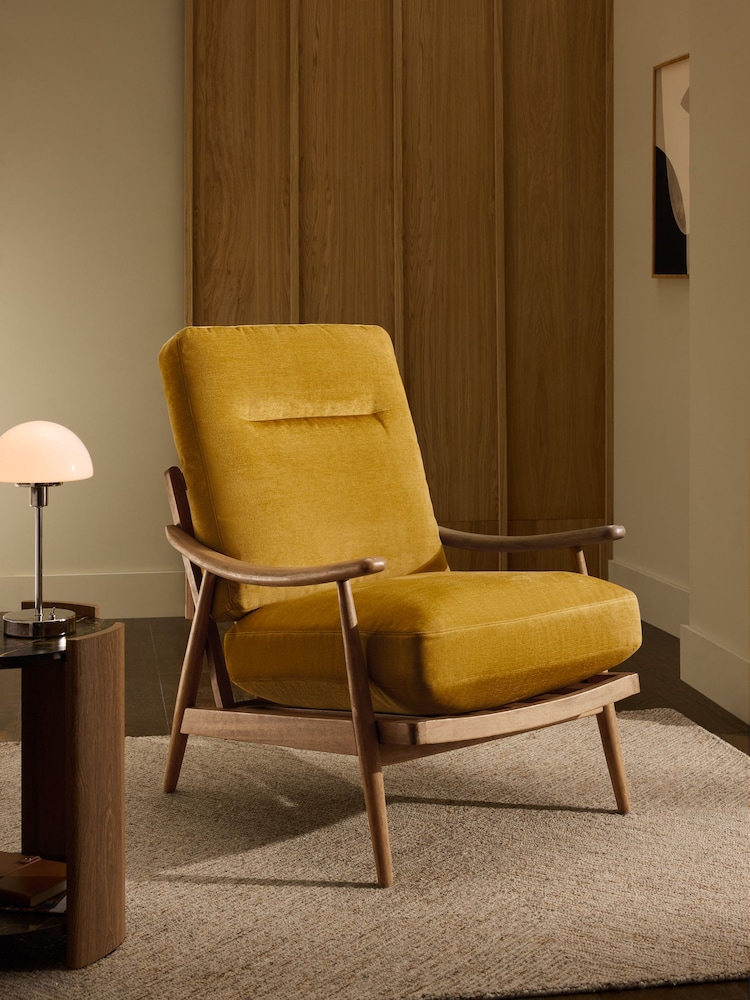 Fine Chenille Ochre Yellow Hampton High Back High Back Wooden Accent Chair - Image 1 of 11 Fine Chenille Ochre Yellow Hampton High Back High Back Wooden Accent Chair - Image 1 of 11